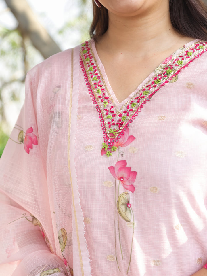 Jhanvi Pink Pichwai Print Kota Doriya 3 Piece Set
