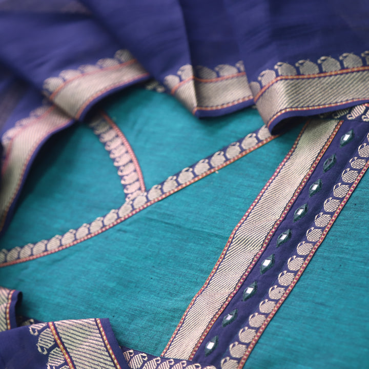 Sanskruti Turkish Teal Angrakha Style South Cotton Mangalgiri Hem Suit Set