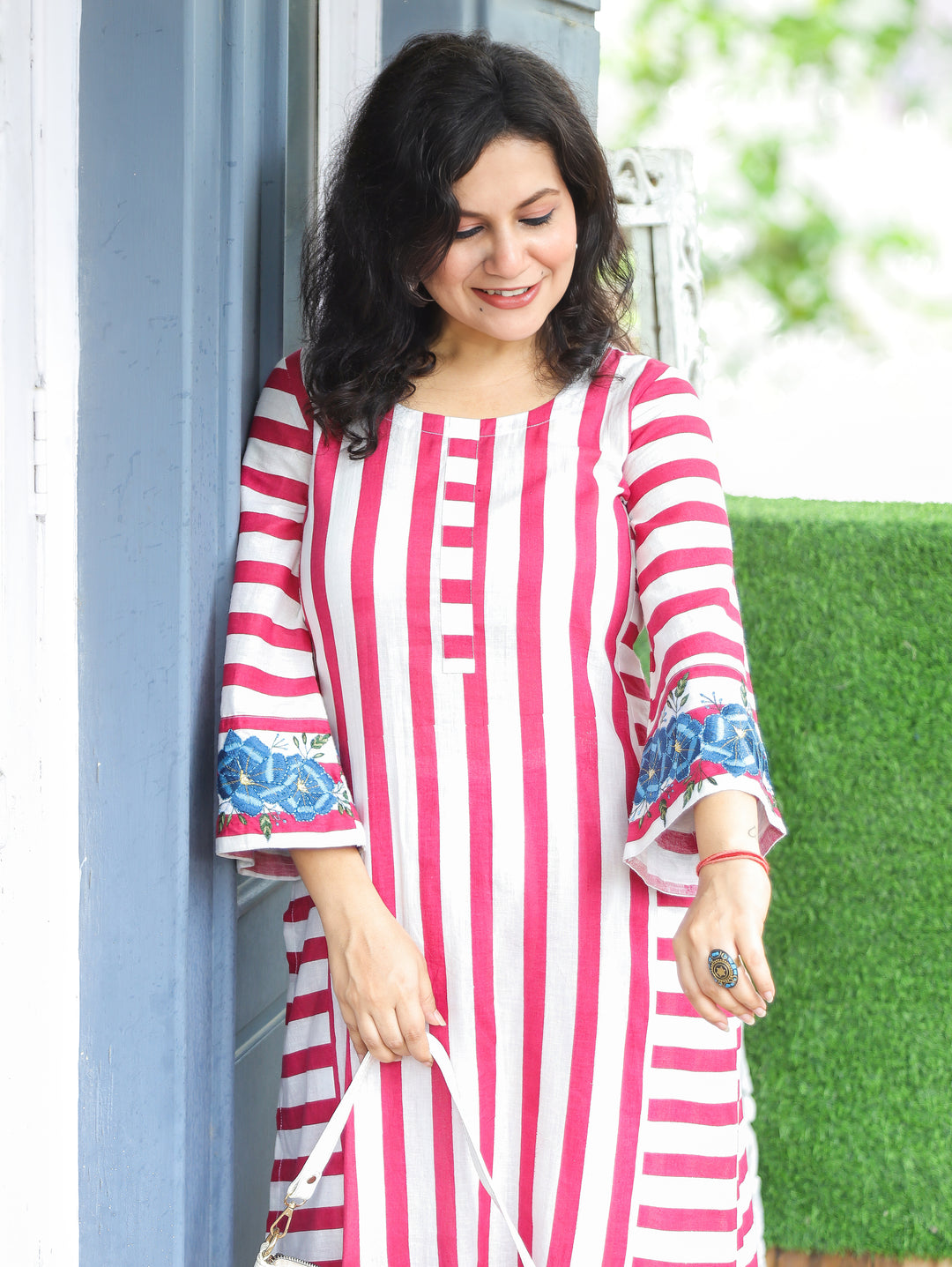 Anjani White Mauve Stripe Print Panel 2 Piece Set