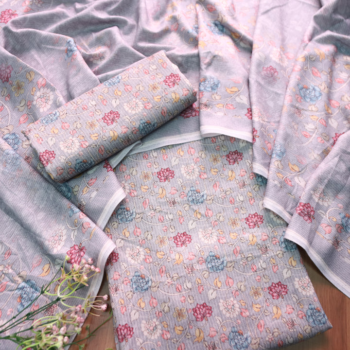 मानुषी Sky Grey Self Print with Floral Print Details Semi Pashmina Winter Set