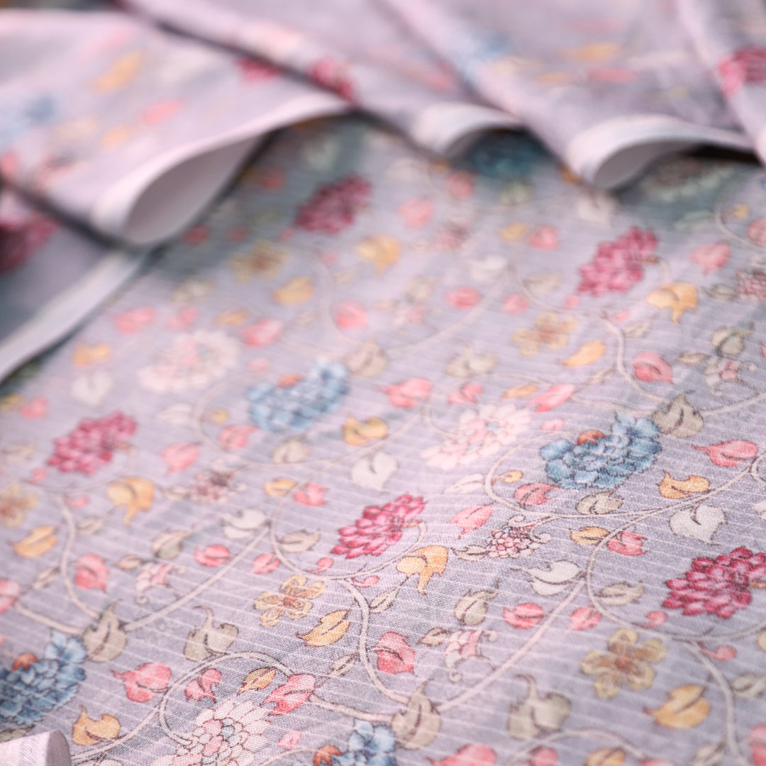 मानुषी Sky Grey Self Print with Floral Print Details Semi Pashmina Winter Set