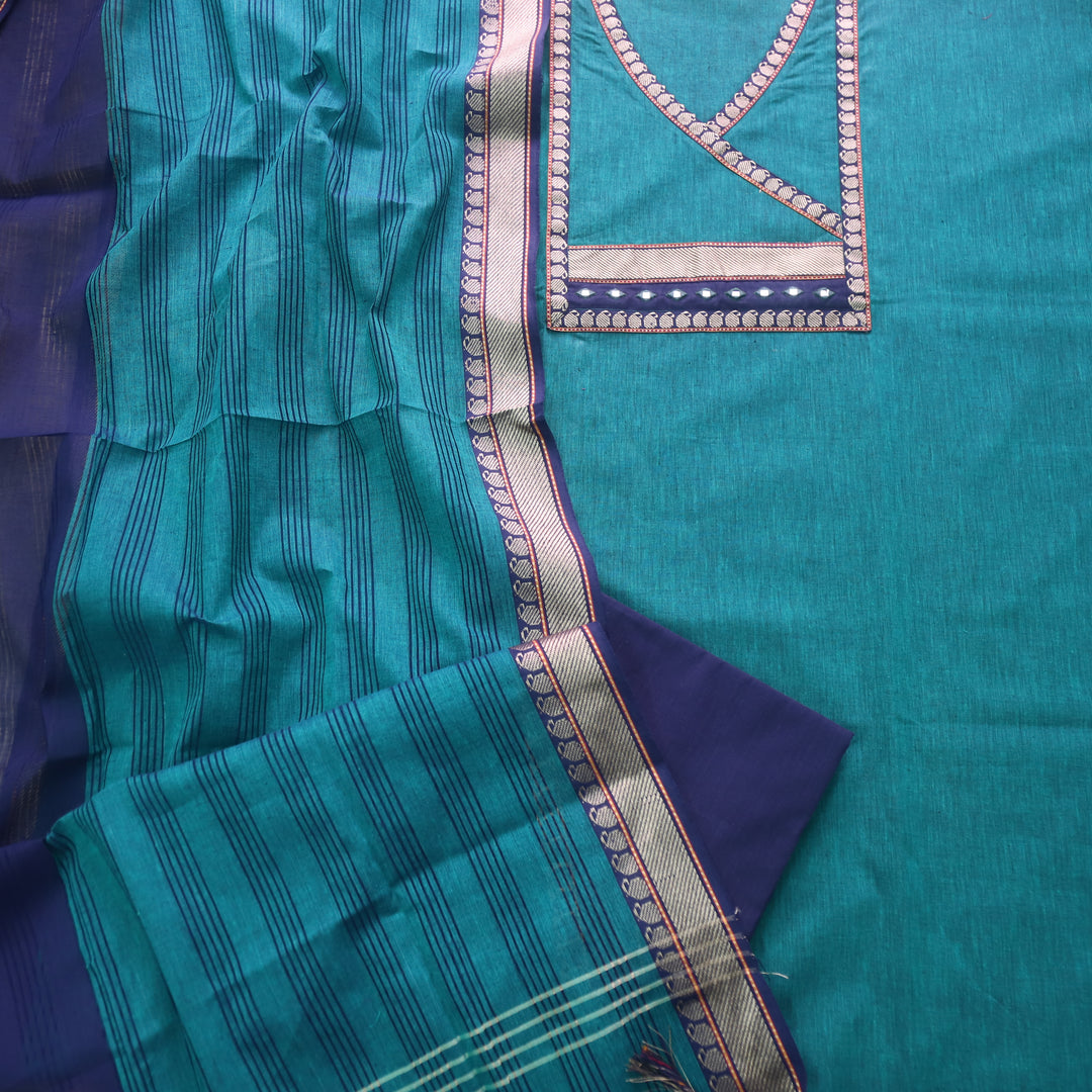 Sanskruti Turkish Teal Angrakha Style South Cotton Mangalgiri Hem Suit Set