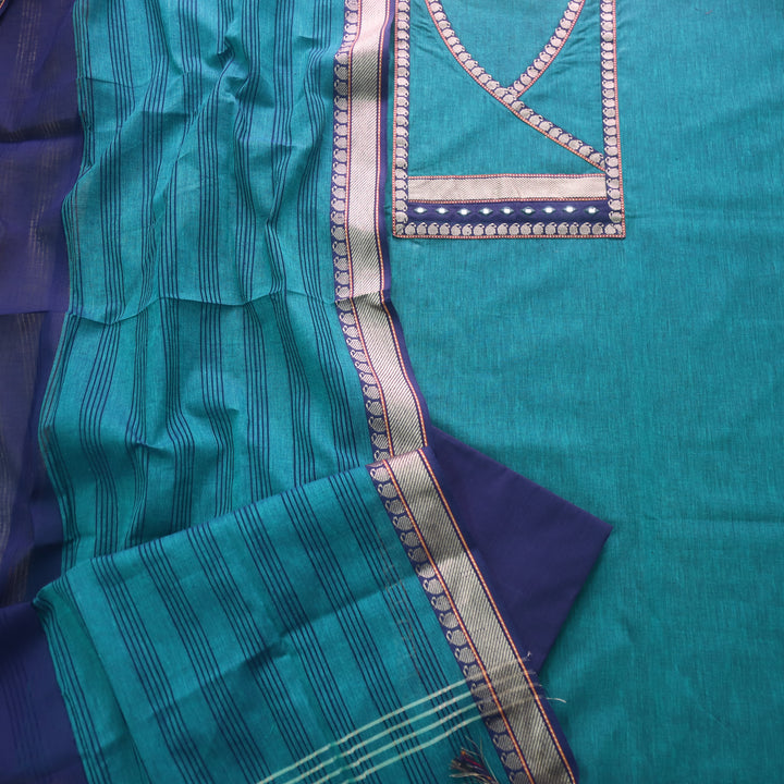 Sanskruti Turkish Teal Angrakha Style South Cotton Mangalgiri Hem Suit Set