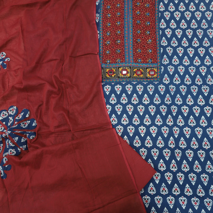 Ruhani Denim Blue Ajrak Cotton Top With Applique Work Dupatta