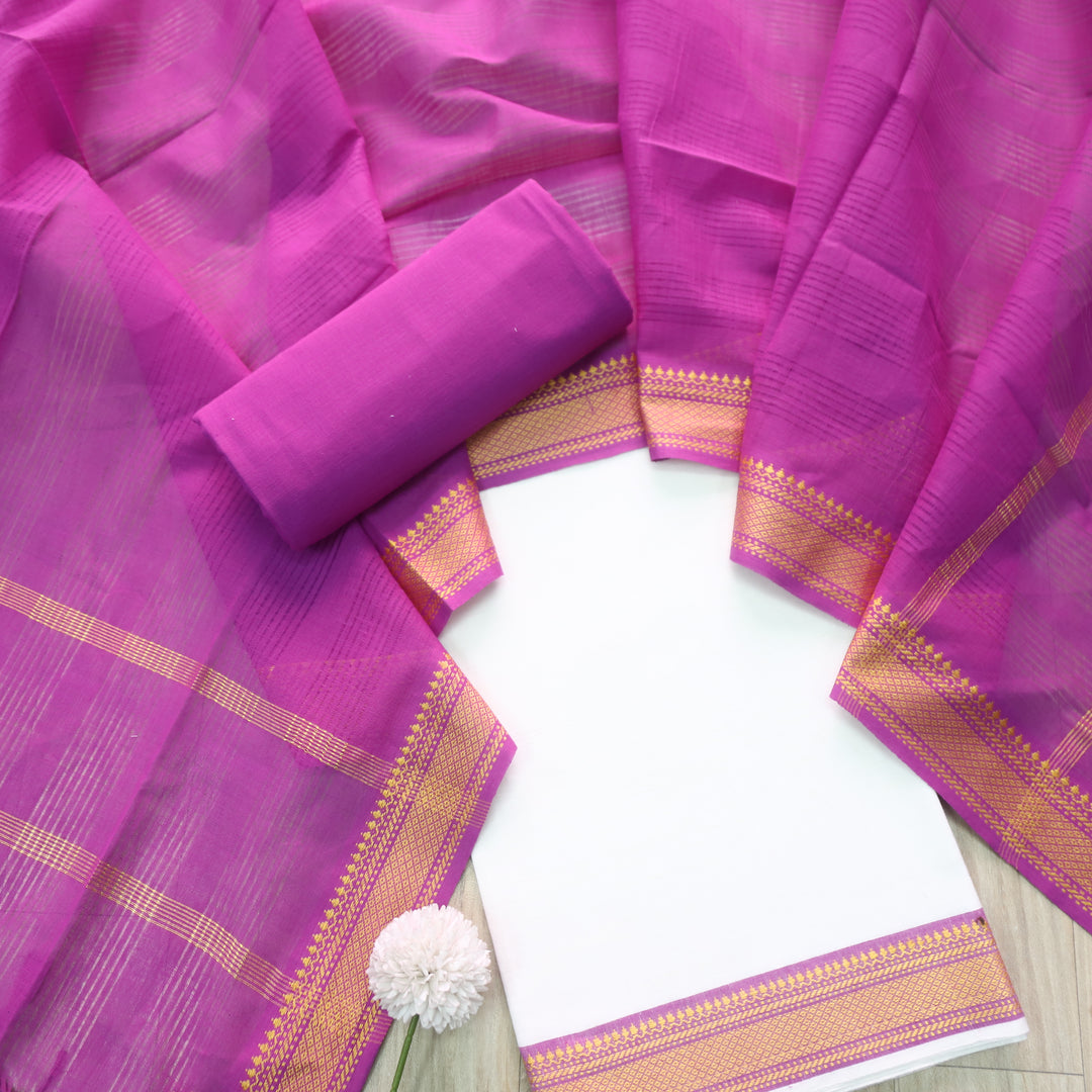 Sanskruti Pearl White Mangalgiri Hem in South Cotton Suit Set