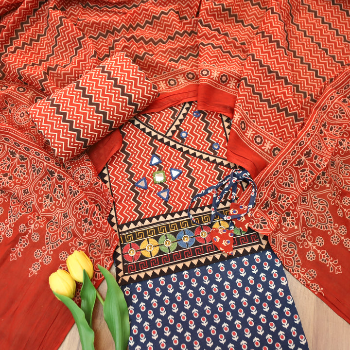 Maurya Denim Blue Angrakha Mirror Work Ajrakh Print Cotton Set