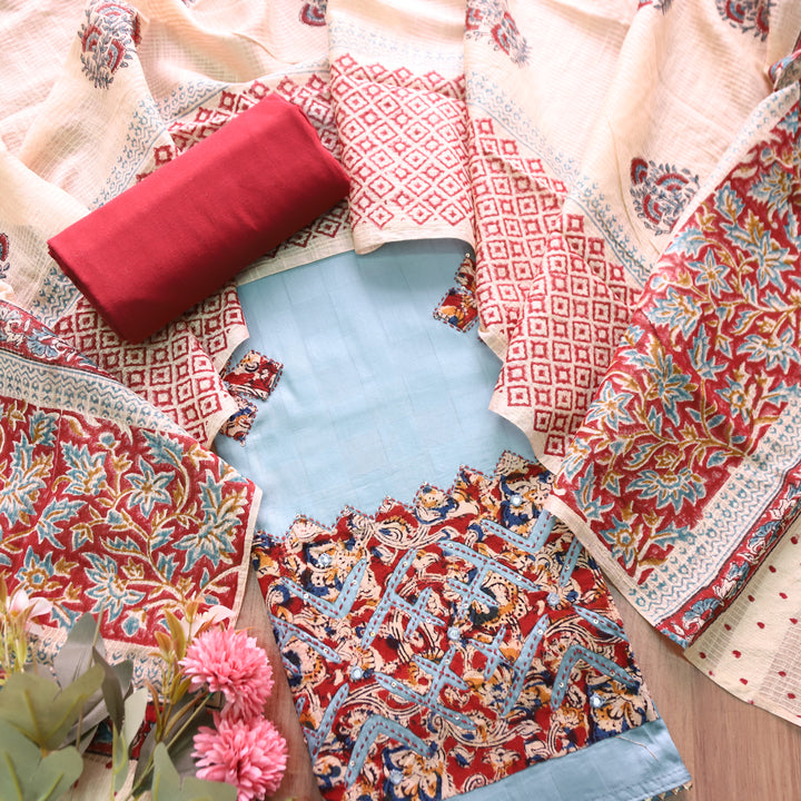 Saloni Powder Blue All Over Kalamkari Applique Work Hem Jam Satin Cotton Set