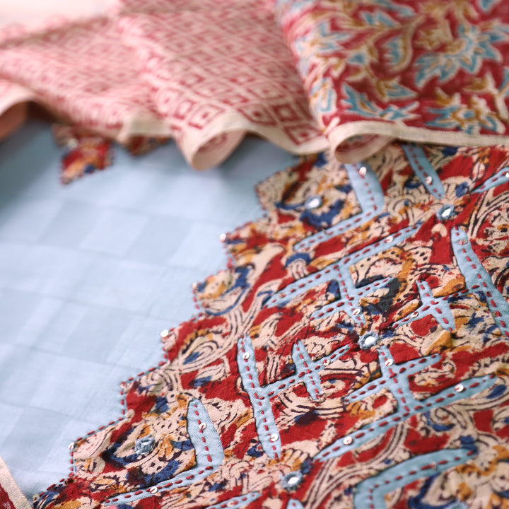Saloni Powder Blue All Over Kalamkari Applique Work Hem Jam Satin Cotton Set