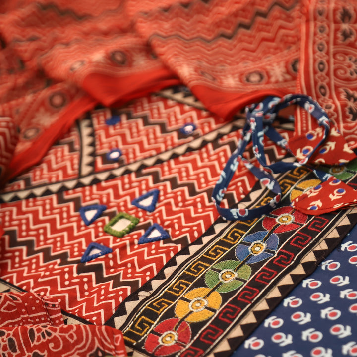 Maurya Denim Blue Angrakha Mirror Work Ajrakh Print Cotton Set