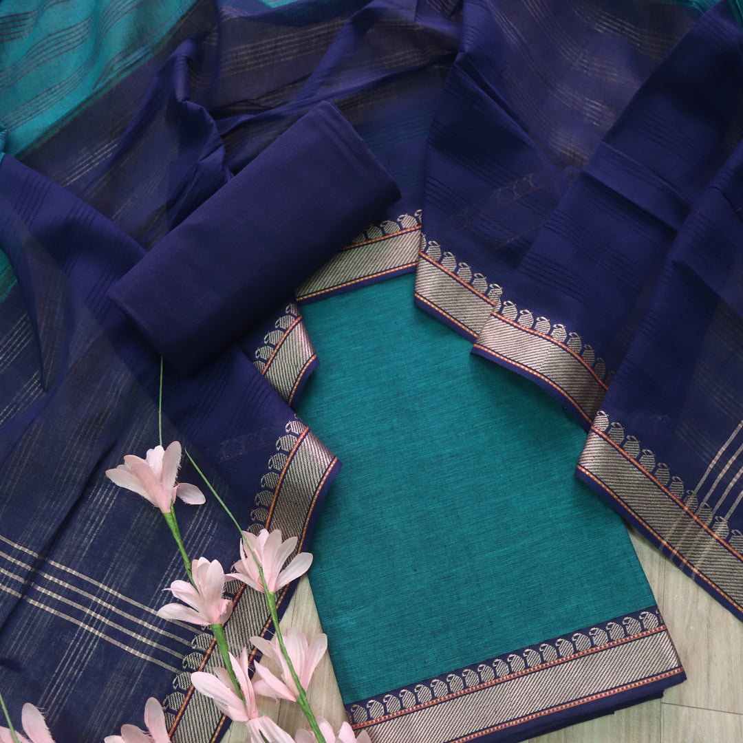 Sanskruti Turkish Teal Mangalgiri Hem in South Cotton Suit Set