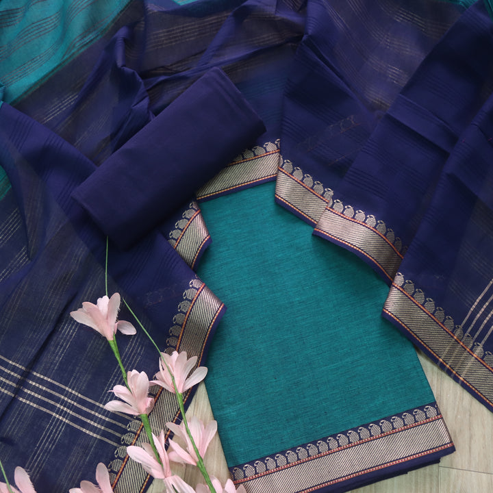 Sanskruti Turkish Teal Mangalgiri Hem in South Cotton Suit Set