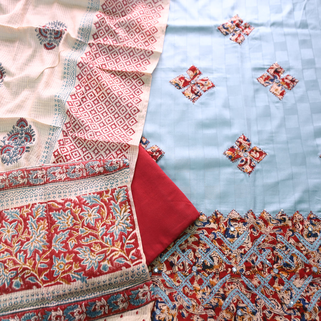 Saloni Powder Blue All Over Kalamkari Applique Work Hem Jam Satin Cotton Set