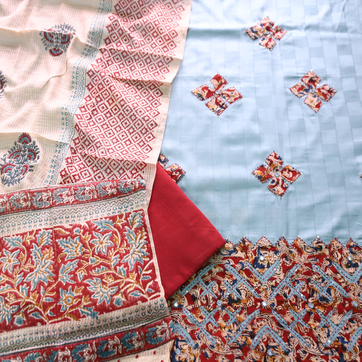 Saloni Powder Blue All Over Kalamkari Applique Work Hem Jam Satin Cotton Set