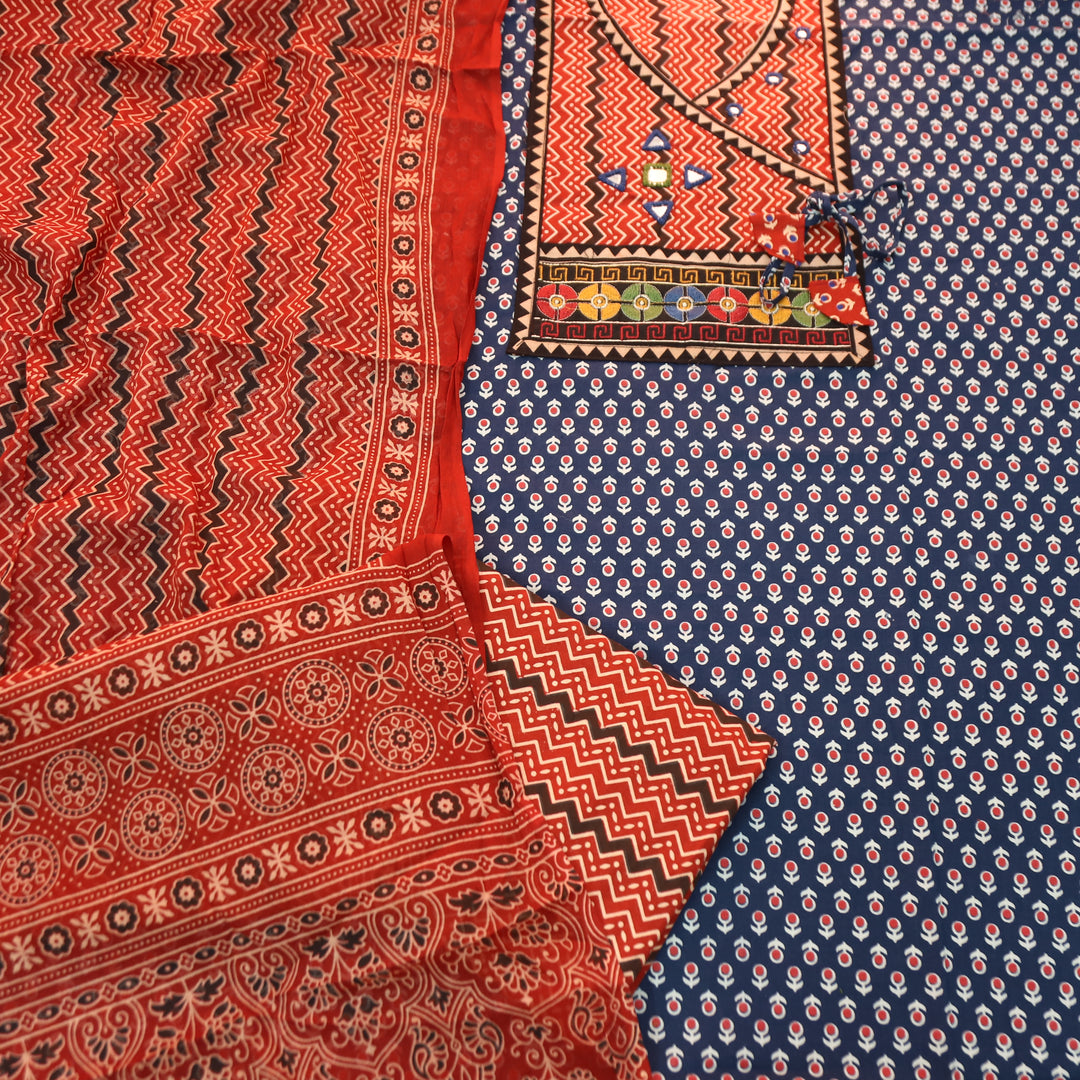 Maurya Denim Blue Angrakha Mirror Work Ajrakh Print Cotton Set