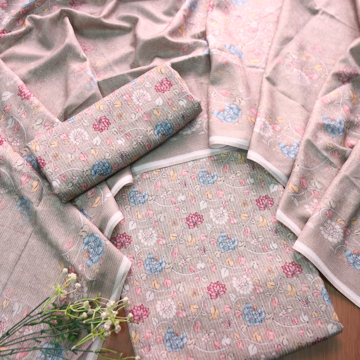 मानुषी Mocha Tan Self Print with Floral Print Details Semi Pashmina Winter Set