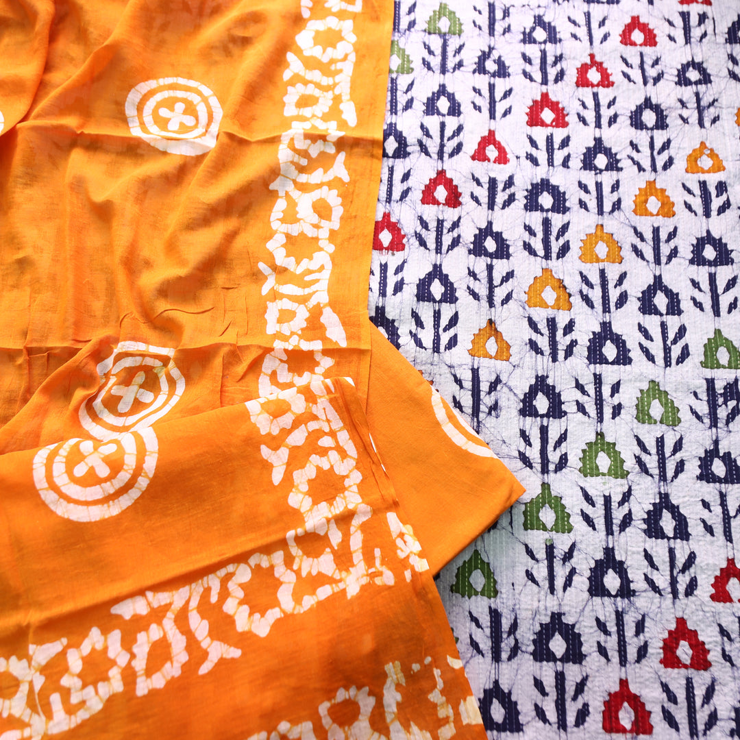 Vinika Base Grey Batik Print with Kantha Detailing Cotton Top with Orange Dupatta Set