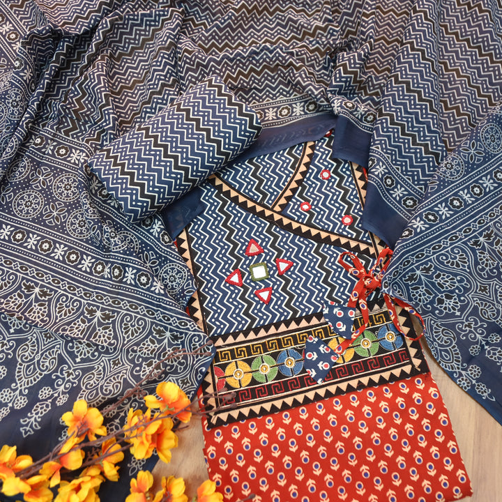 Maurya Cherry Red Angrakha Mirror Work Ajrakh Print Cotton Set