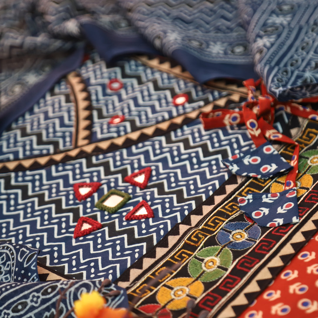 Maurya Cherry Red Angrakha Mirror Work Ajrakh Print Cotton Set