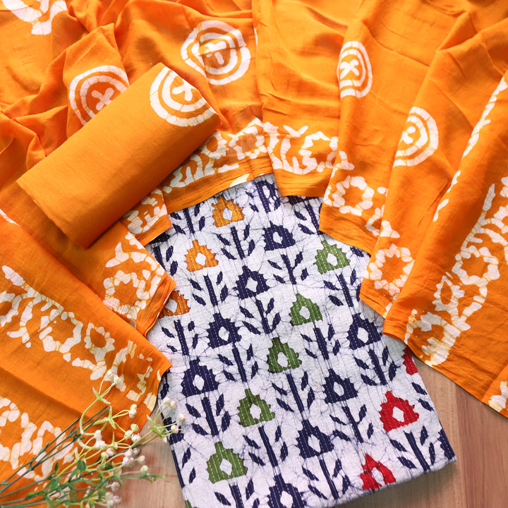 Vinika Base Grey Batik Print with Kantha Detailing Cotton Top with Orange Dupatta Set