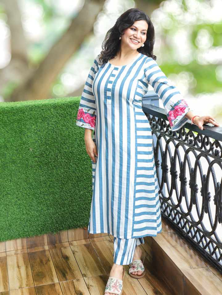 Anjani White Blue Stripe Print Panel 2 Piece Set
