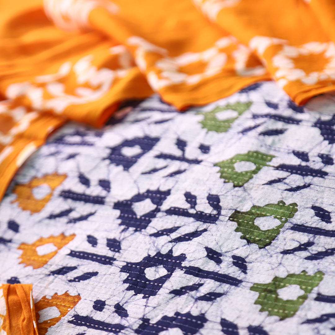 Vinika Base Grey Batik Print with Kantha Detailing Cotton Top with Orange Dupatta Set