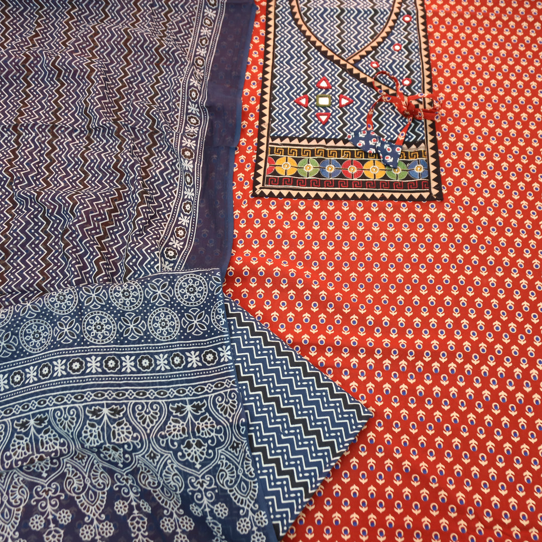 Maurya Cherry Red Angrakha Mirror Work Ajrakh Print Cotton Set