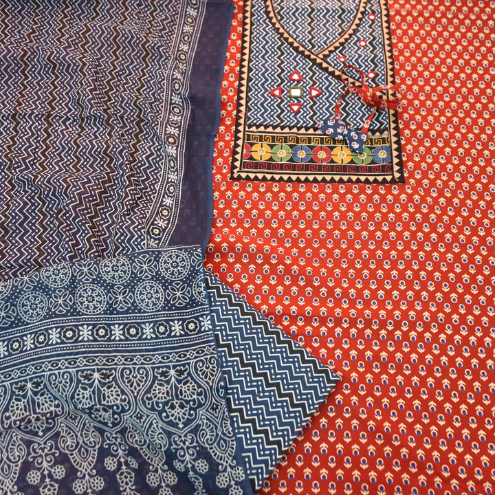 Maurya Cherry Red Angrakha Mirror Work Ajrakh Print Cotton Set