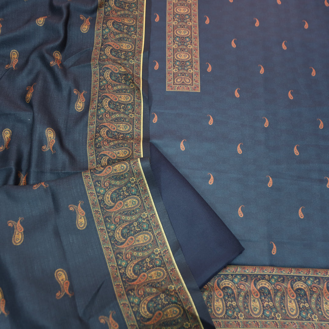 रुबीना Cosmic Blue Elegant Digital Self Printed and Hem Semi Pashmina winter Set