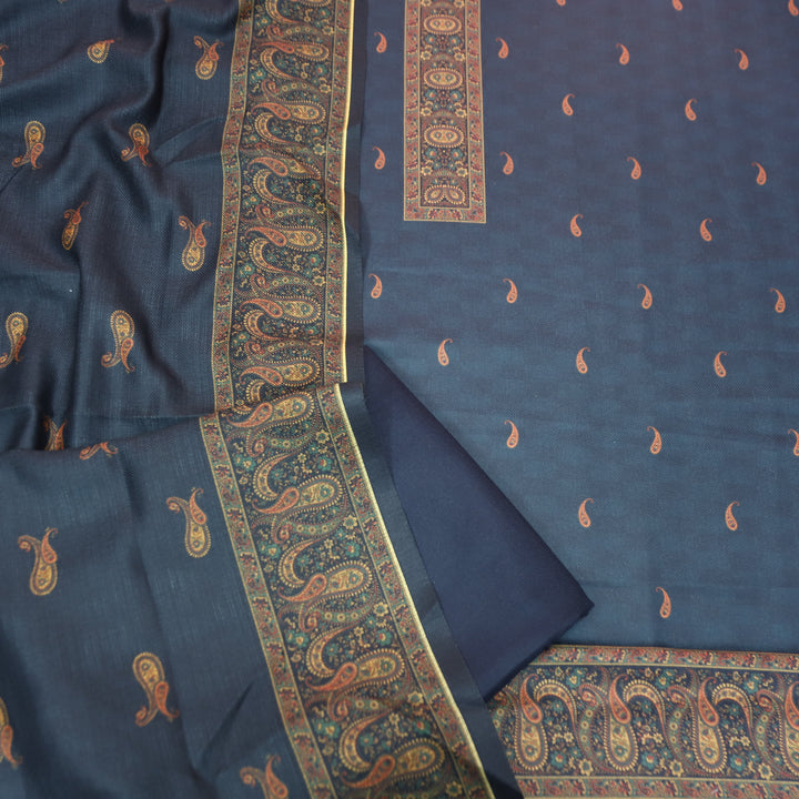 रुबीना Cosmic Blue Elegant Digital Self Printed and Hem Semi Pashmina winter Set