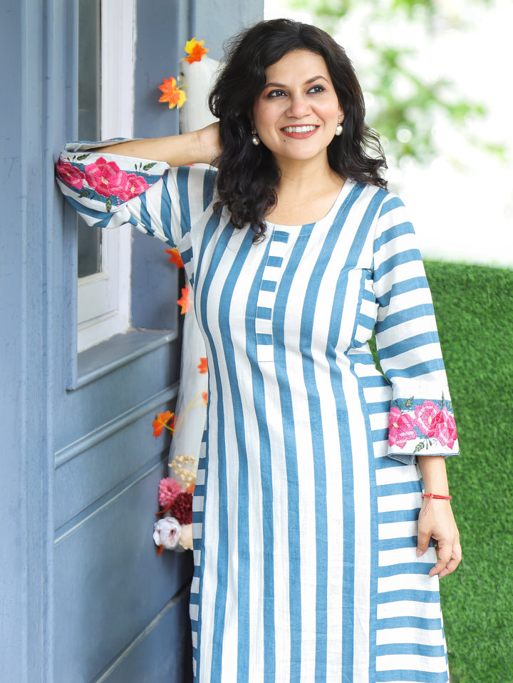 Anjani White Blue Stripe Print Panel 2 Piece Set