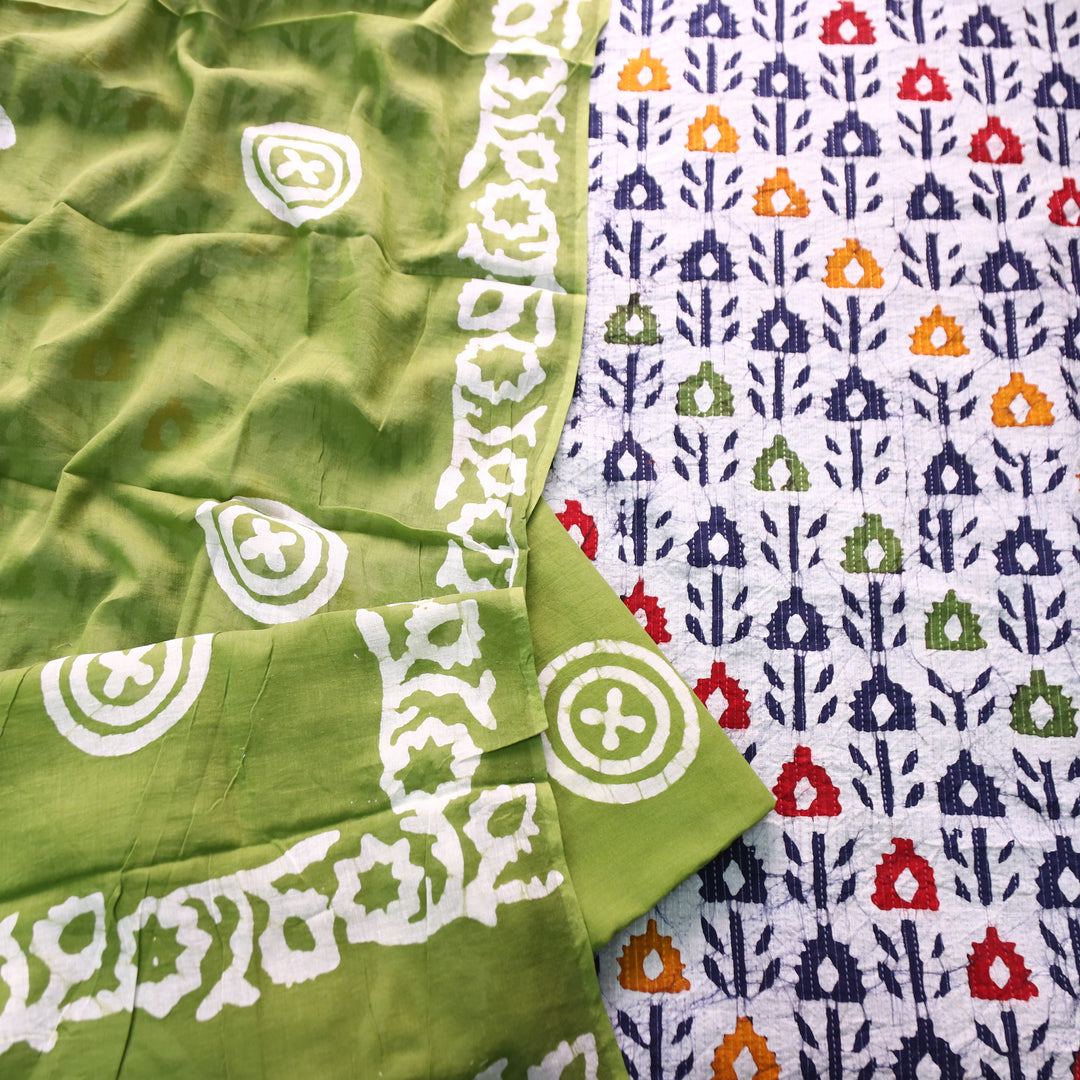 Vinika Base Grey Batik Print with Kantha Detailing Cotton Top with Green Dupatta Set