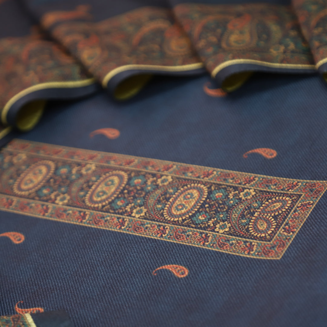 रुबीना Cosmic Blue Elegant Digital Self Printed and Hem Semi Pashmina winter Set