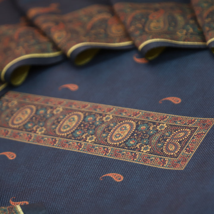 रुबीना Cosmic Blue Elegant Digital Self Printed and Hem Semi Pashmina winter Set