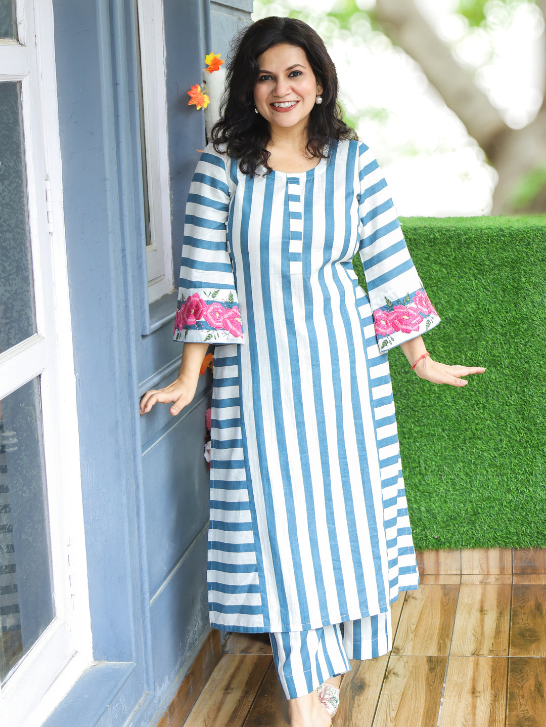 Anjani White Blue Stripe Print Panel 2 Piece Set