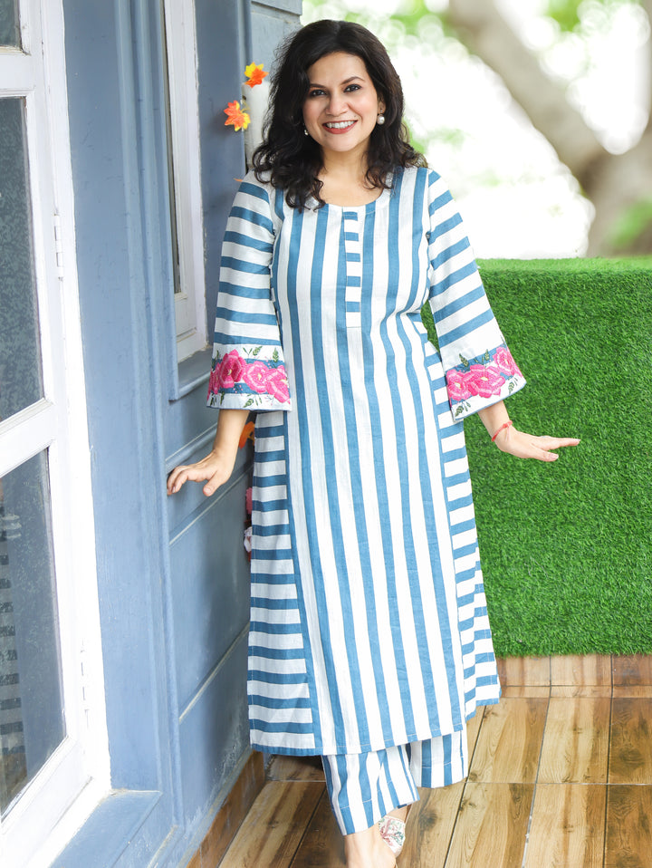 Anjani White Blue Stripe Print Panel 2 Piece Set