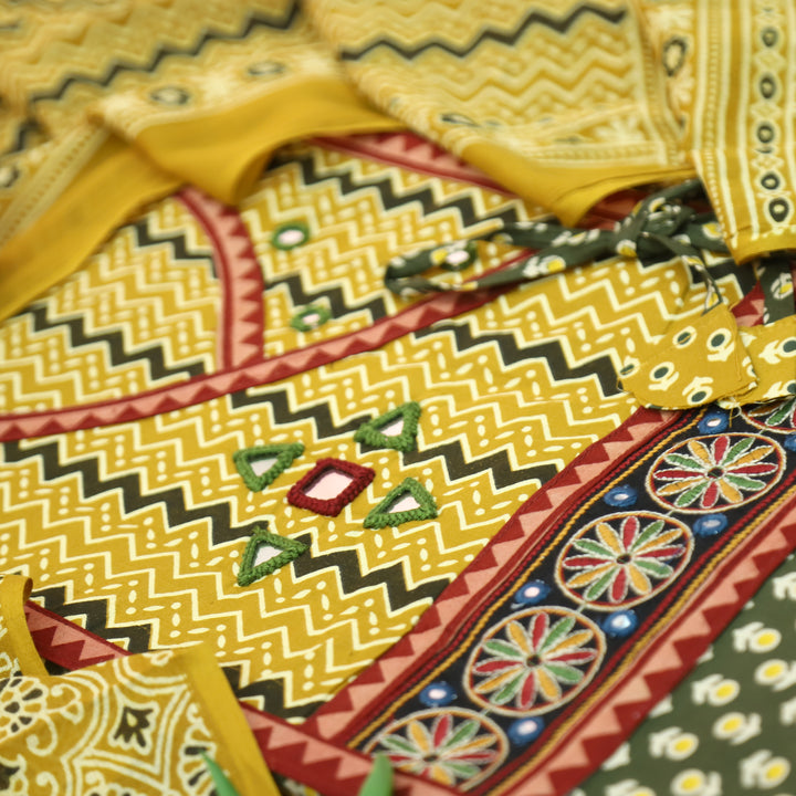 Maurya Foresr Green Angrakha Mirror Work Ajrakh Print Cotton Set