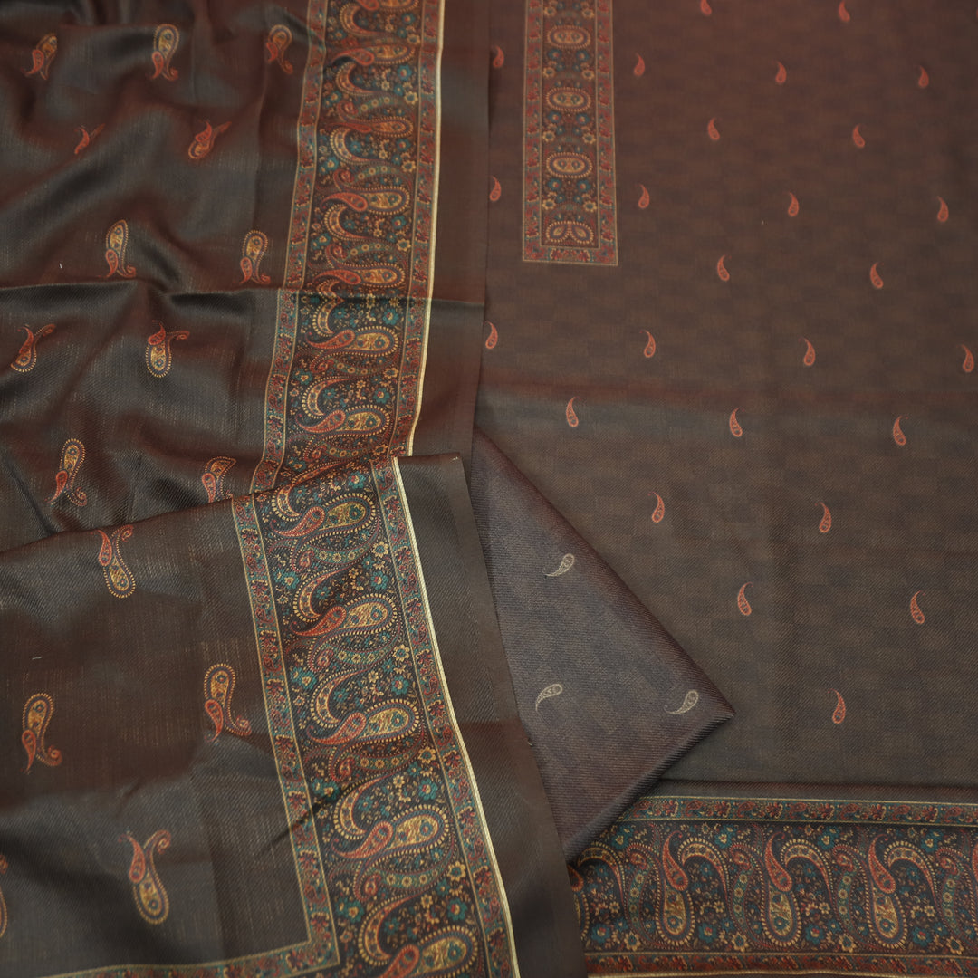 रुबीना Dark Choclate Elegant Digital Self Printed and Hem Semi Pashmina winter Set