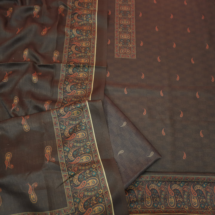 रुबीना Dark Choclate Elegant Digital Self Printed and Hem Semi Pashmina winter Set
