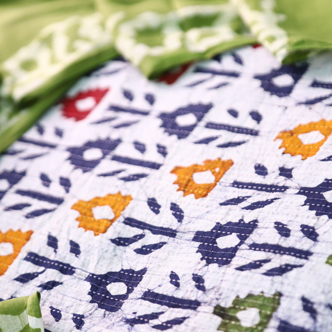 Vinika Base Grey Batik Print with Kantha Detailing Cotton Top with Green Dupatta Set