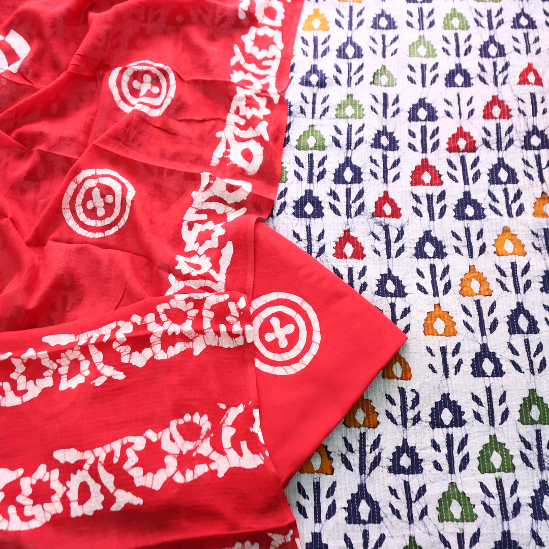 Vinika Base Grey Batik Print with Kantha Detailing Cotton Top with Red Dupatta Set