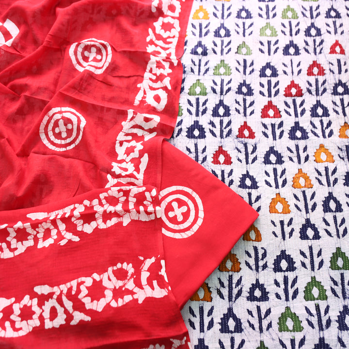Vinika Base Grey Batik Print with Kantha Detailing Cotton Top with Red Dupatta Set
