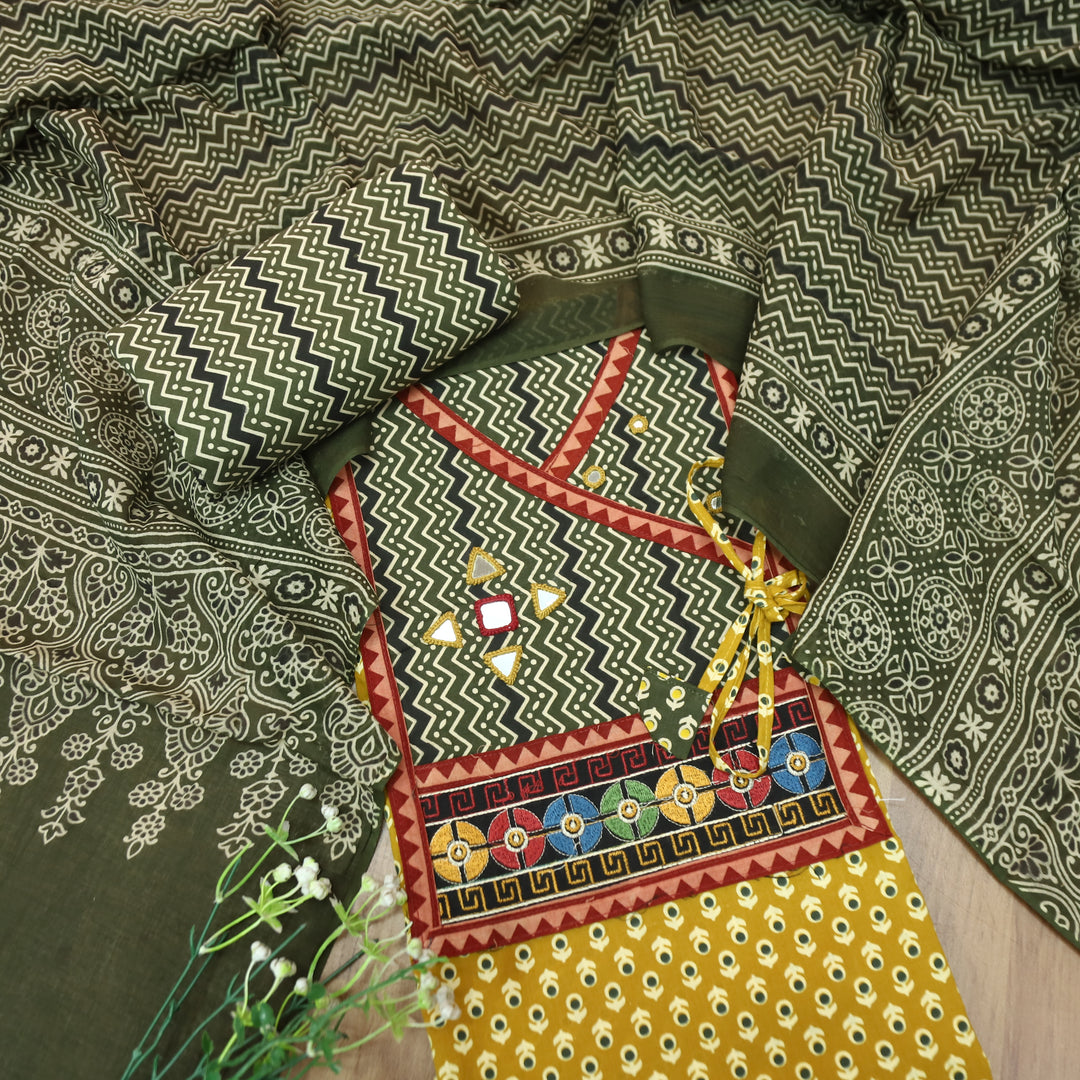 Maurya Dijon Yellow Angrakha Mirror Work Ajrakh Print Cotton Set