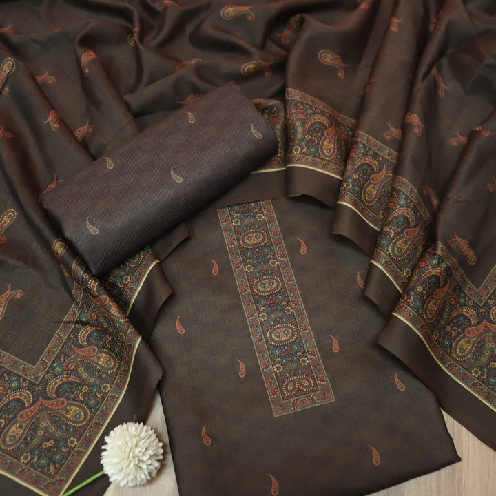 रुबीना Dark Choclate Elegant Digital Self Printed and Hem Semi Pashmina winter Set