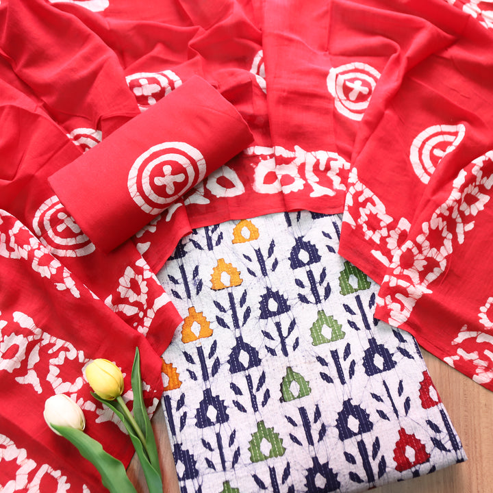Vinika Base Grey Batik Print with Kantha Detailing Cotton Top with Red Dupatta Set