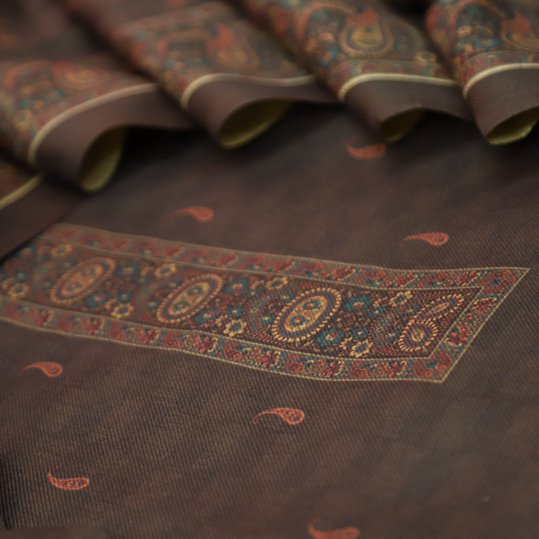 रुबीना Dark Choclate Elegant Digital Self Printed and Hem Semi Pashmina winter Set