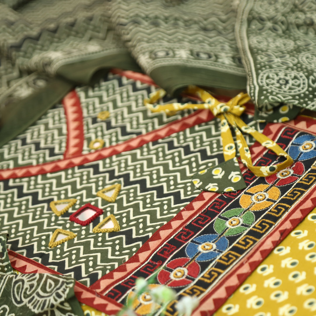 Maurya Dijon Yellow Angrakha Mirror Work Ajrakh Print Cotton Set