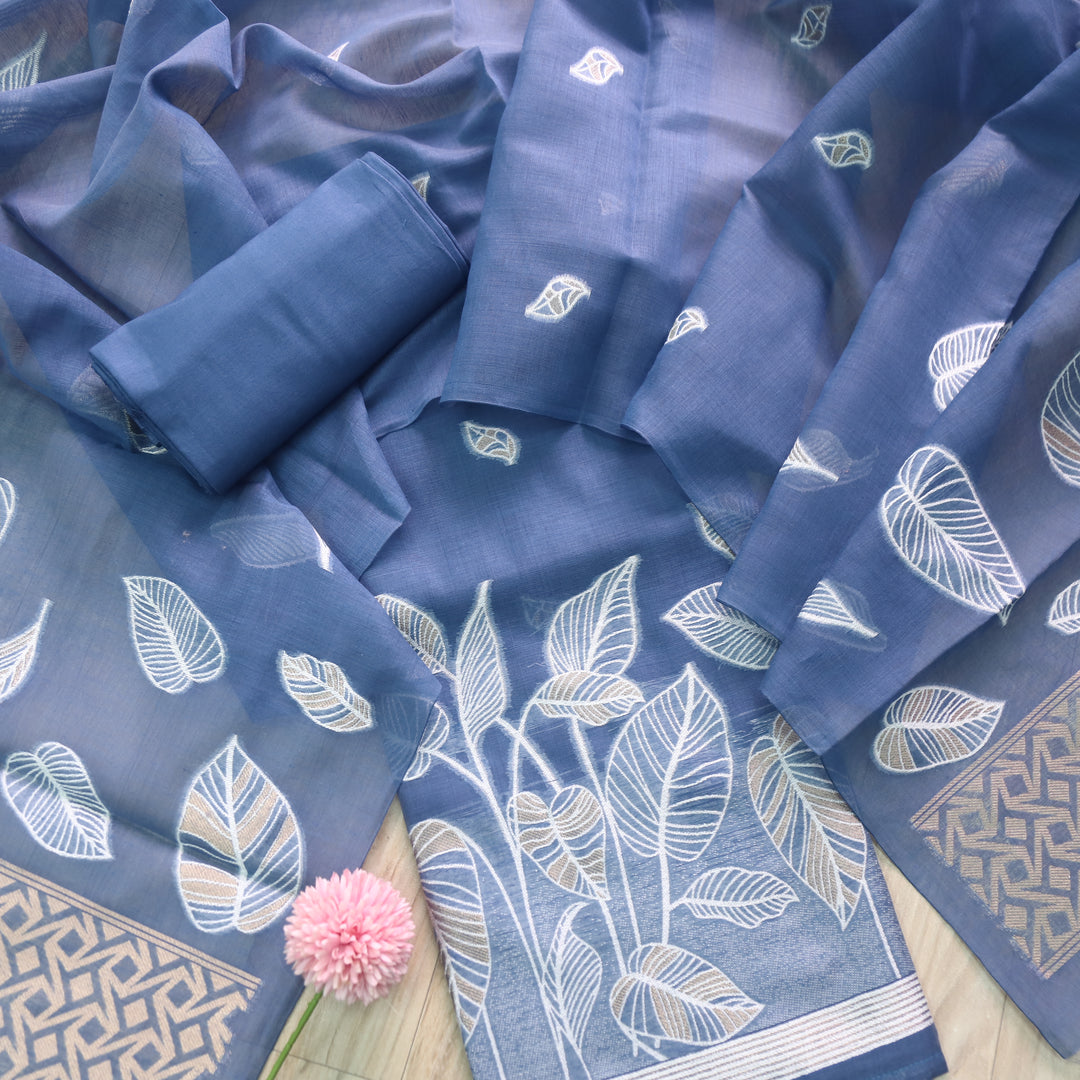 Rubaroo Cerulean Blue with Zari and Weaved Jamdani Suit Set D1