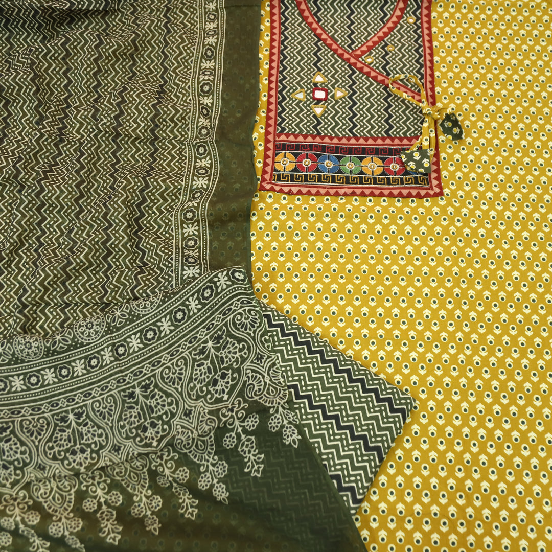 Maurya Dijon Yellow Angrakha Mirror Work Ajrakh Print Cotton Set