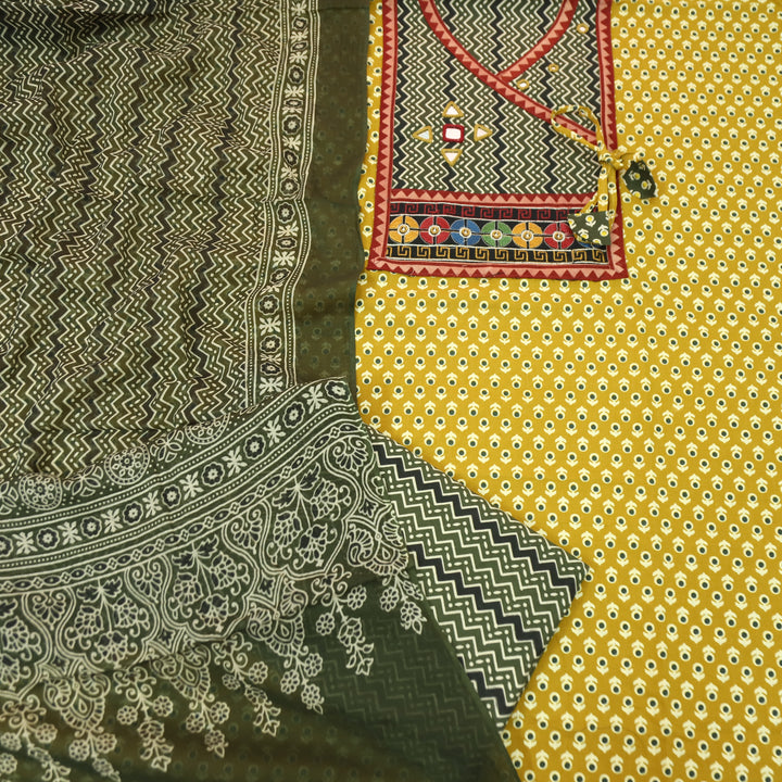 Maurya Dijon Yellow Angrakha Mirror Work Ajrakh Print Cotton Set