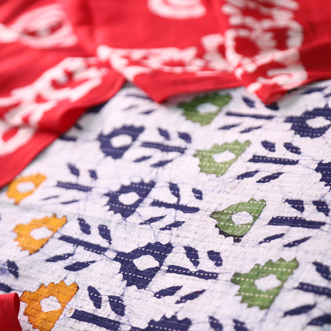 Vinika Base Grey Batik Print with Kantha Detailing Cotton Top with Red Dupatta Set
